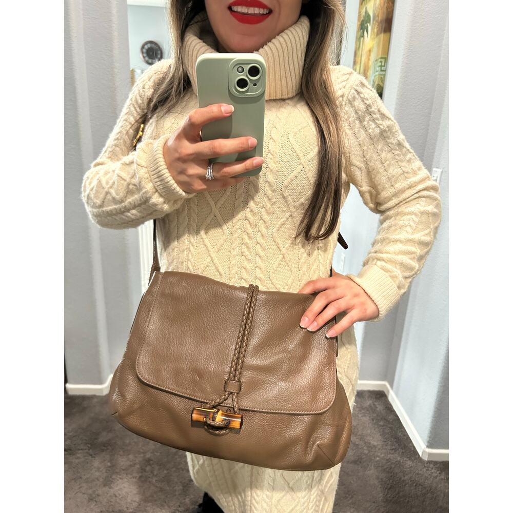 Gucci Brown Leather Bamboo Hip Crossbody Flap Shoulder Bag
